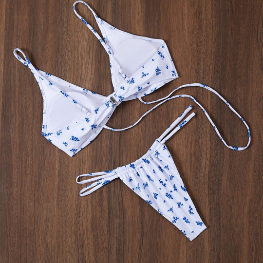 Damen Triangel-Bikini mit blumigem Muster und anpassbarem Bindesystem EB