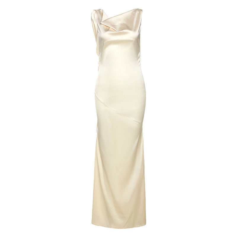 Damen Elegantes Satin-Maxikleid mit asymmetrischem Oberteil und fließendem Schnitt EB
