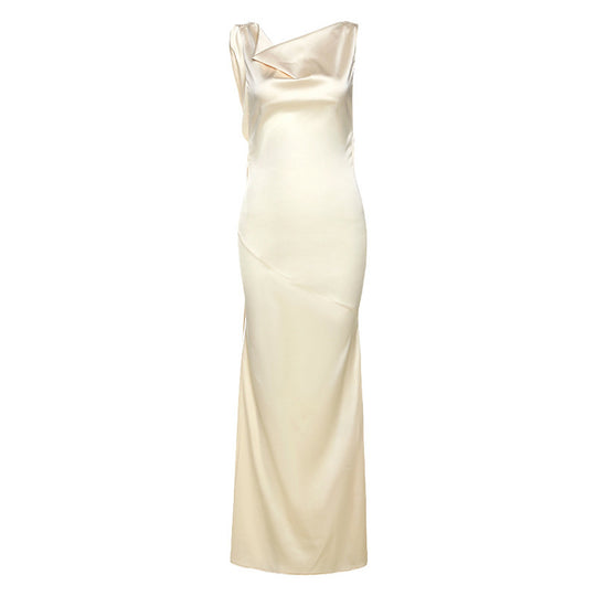 Damen Elegantes Satin-Maxikleid mit asymmetrischem Oberteil und fließendem Schnitt EB