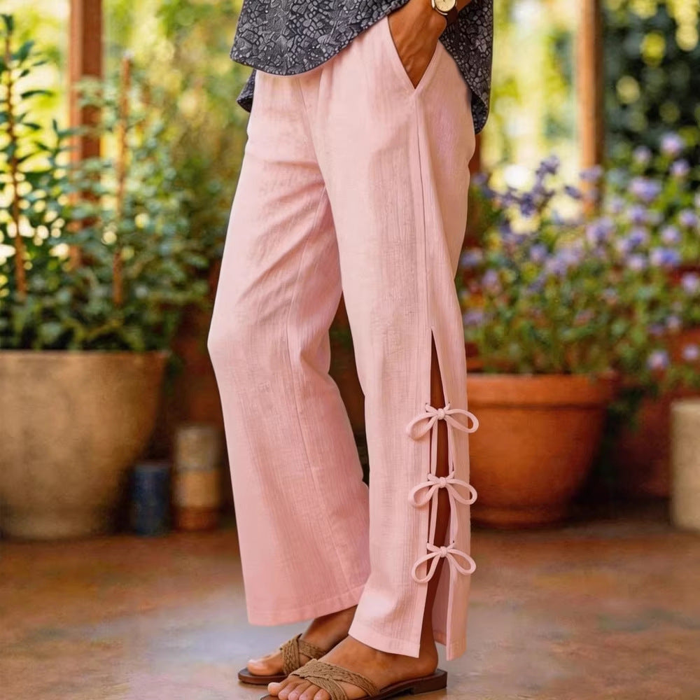 Damen Leichte Sommerhose mit seitlichen Bindegürtel undDekolleté-Schlitzen EB