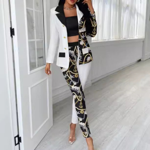 Damen Asymmetrisches Hahnentritt-Tailoring-Set mit Zweifarbiger Halb-Detailierung EB