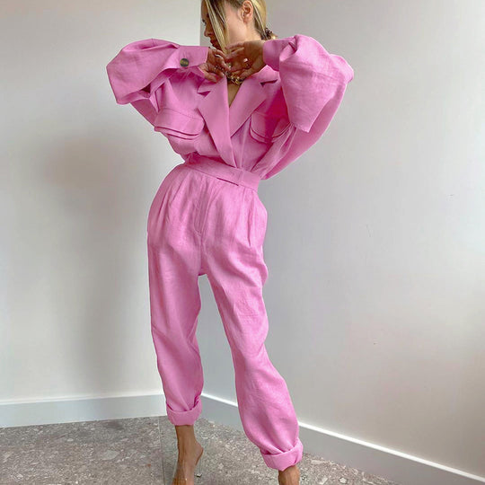 Damen Modisches Oberteil und Hose Set mit voluminösen Ärmeln EB