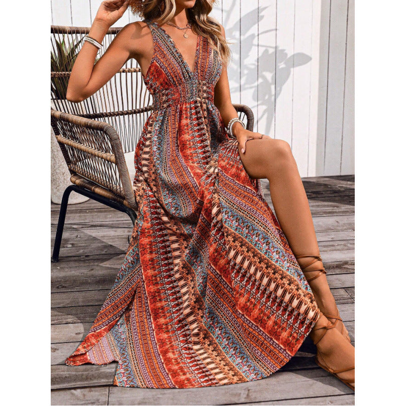 Damen Maxikleid mit tiefem V-Ausschnitt und schwingendem Rock EB