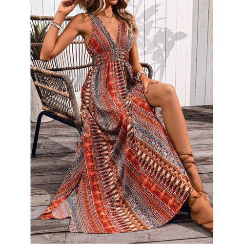Damen Maxikleid mit tiefem V-Ausschnitt und schwingendem Rock EB