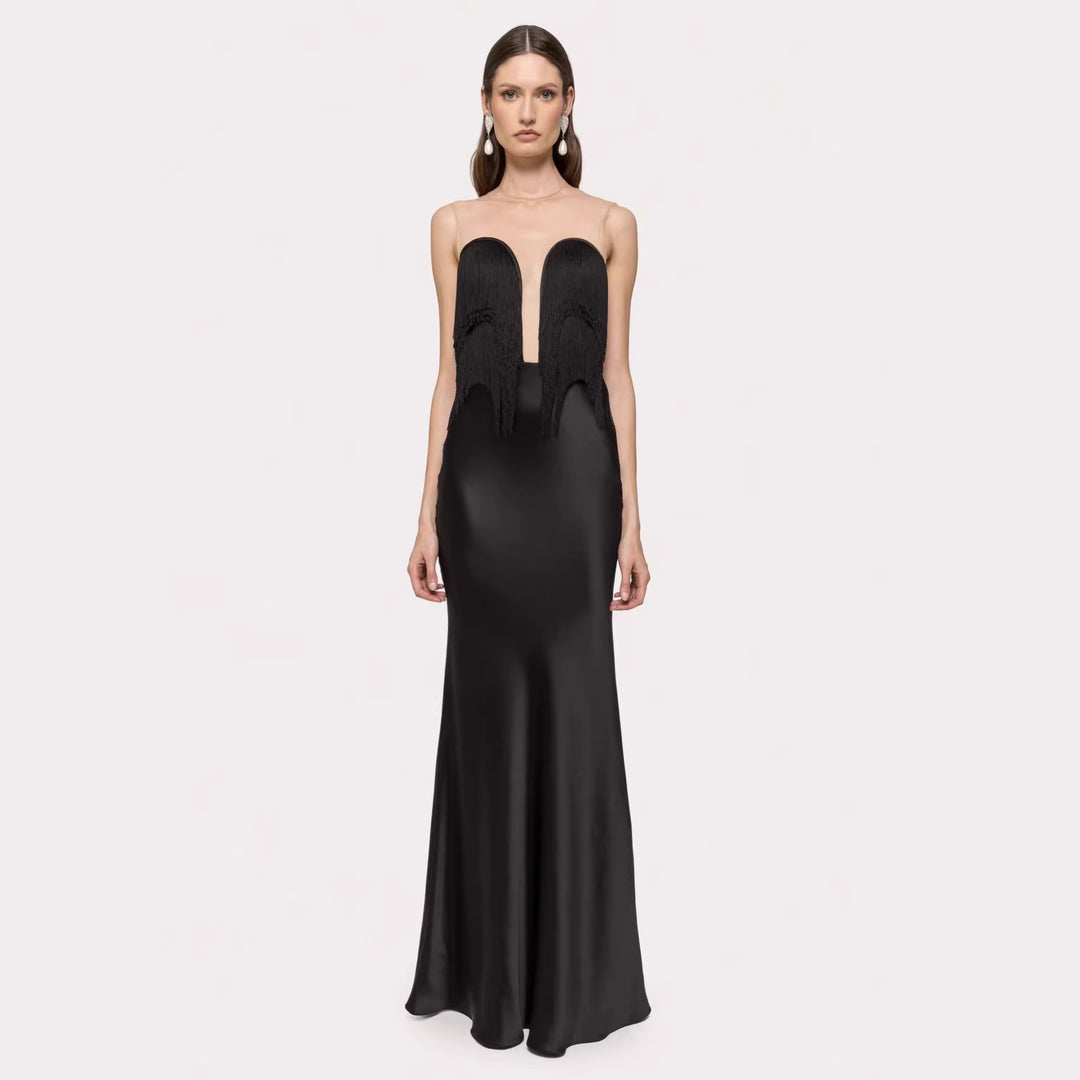 Damen Langärmliges Maxikleid mit tiefem V-Ausschnitt und fransierten Details EB