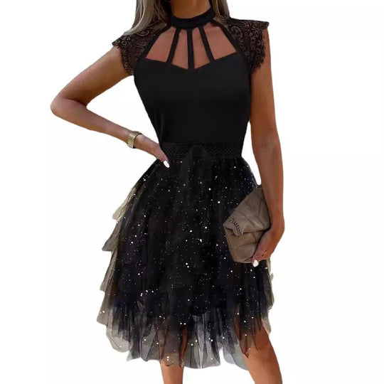 Damen Cocktailkleid mit Spitzenakzenten und glitzerndem Tüll EB