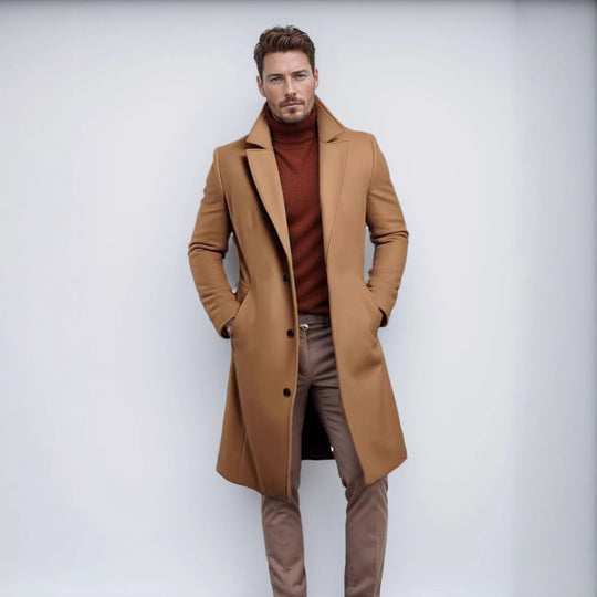 Herren nan langer Wollmixmantel mit Boucléstruktur, taillierter Silhouette und klassischem Revers EB
