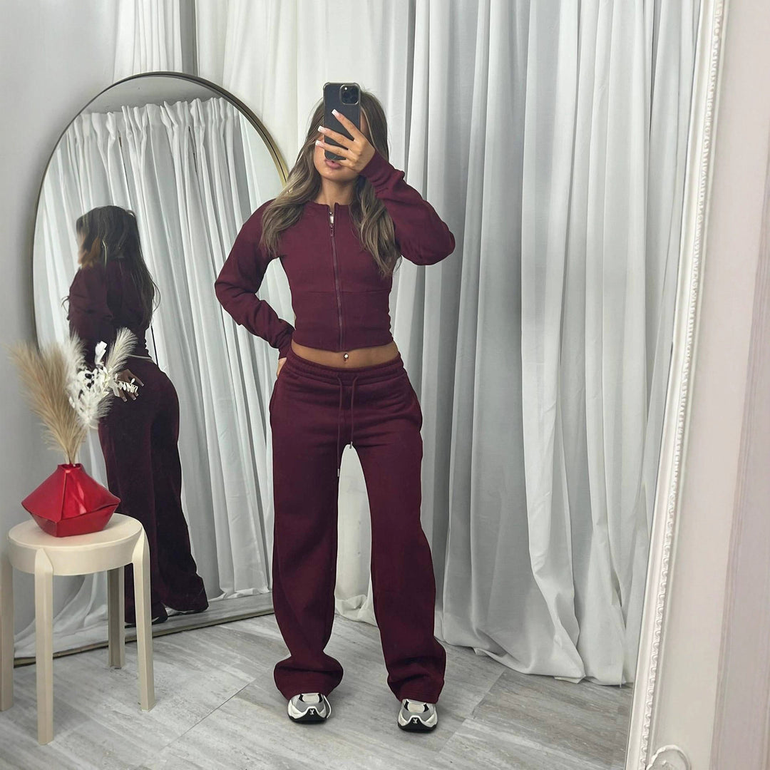 Damen nan kurzes Zip-Cropped-Shirt mit formendem Bund und breite Relax-Sweatpants mit Tunnelzug EB