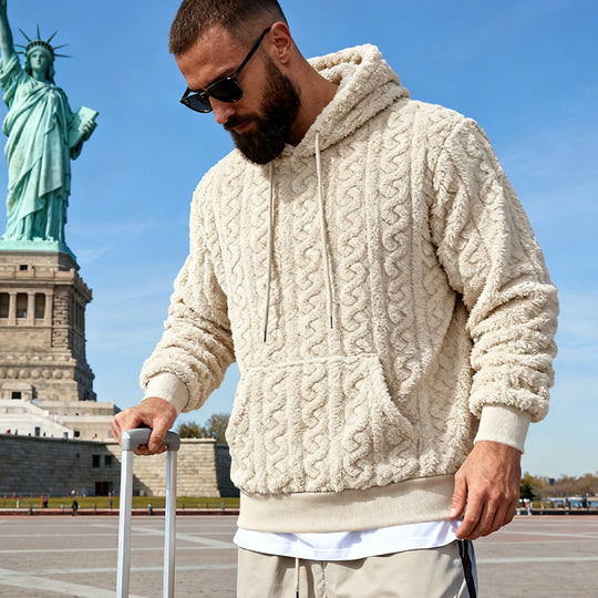 Herren nan Kuscheliger Sherpa-Hoodie mit Zopfmuster, Kängurutasche und Rippbündchen EB