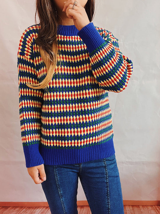 Damen lässiger Strickpullover mit buntem Rautenmuster und Rundhalsausschnitt EB