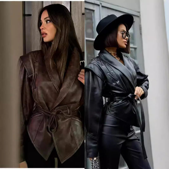 Damen modische Kunstlederjacke mit stilvollem Gürteldetail und elegantem Design EB