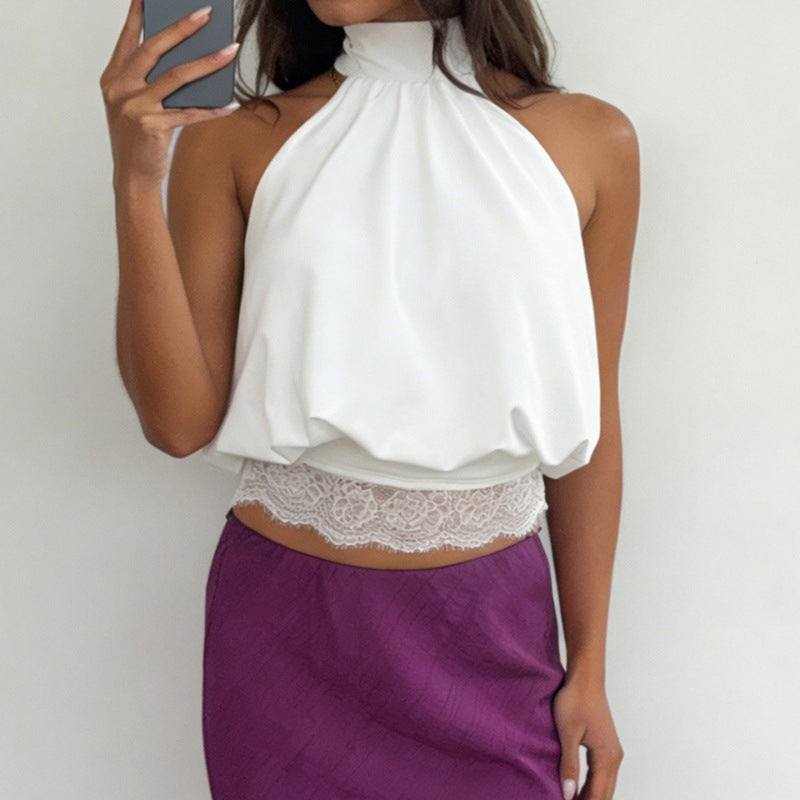 Damen elegantes halterähnliches Top mit Spitzendetails und lockerem Schnitt EB