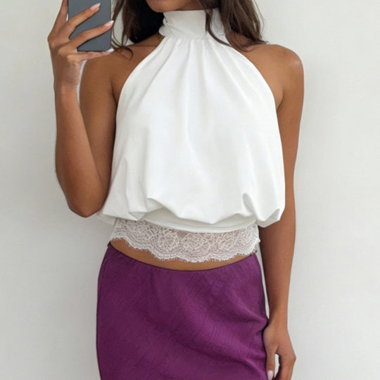 Damen elegantes halterähnliches Top mit Spitzendetails und lockerem Schnitt EB