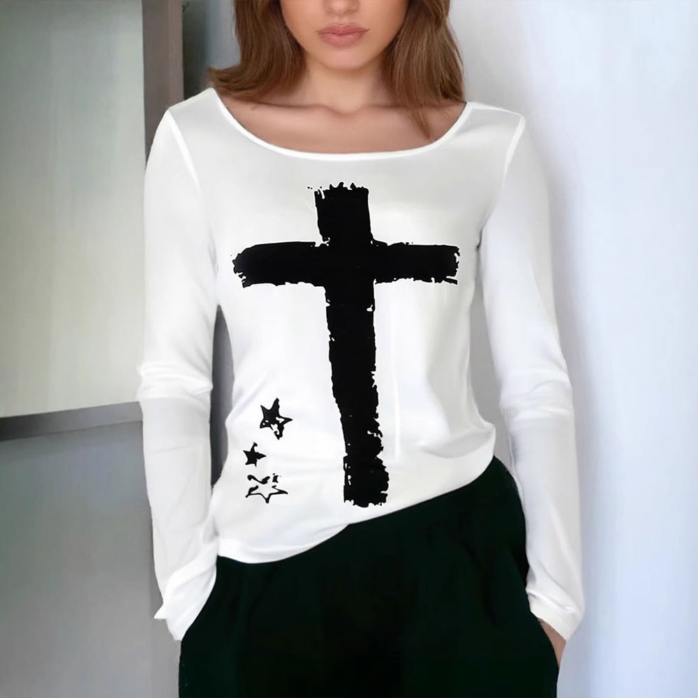Damen Langarm-T-Shirt mit kreativem Motiv und Rundhalsausschnitt EB