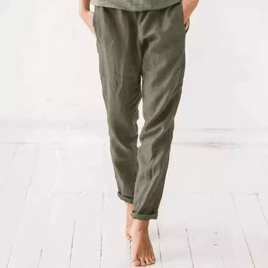 Damen lässige Leinenhose mit elastischem Bund und praktischen Taschen EB