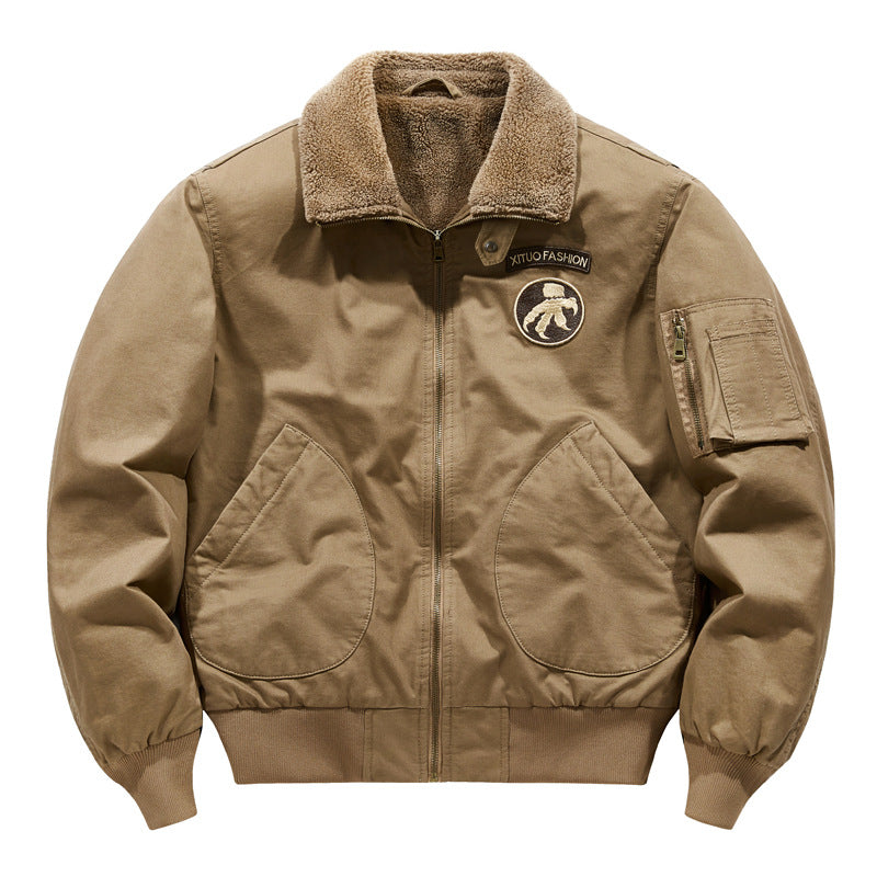 Men's  shearling-collar aviator bomber jacket with utility sleeve pocket EB