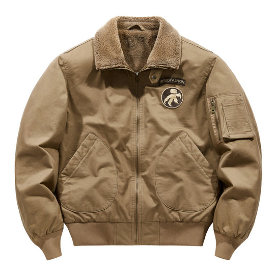 Men's  shearling-collar aviator bomber jacket with utility sleeve pocket EB