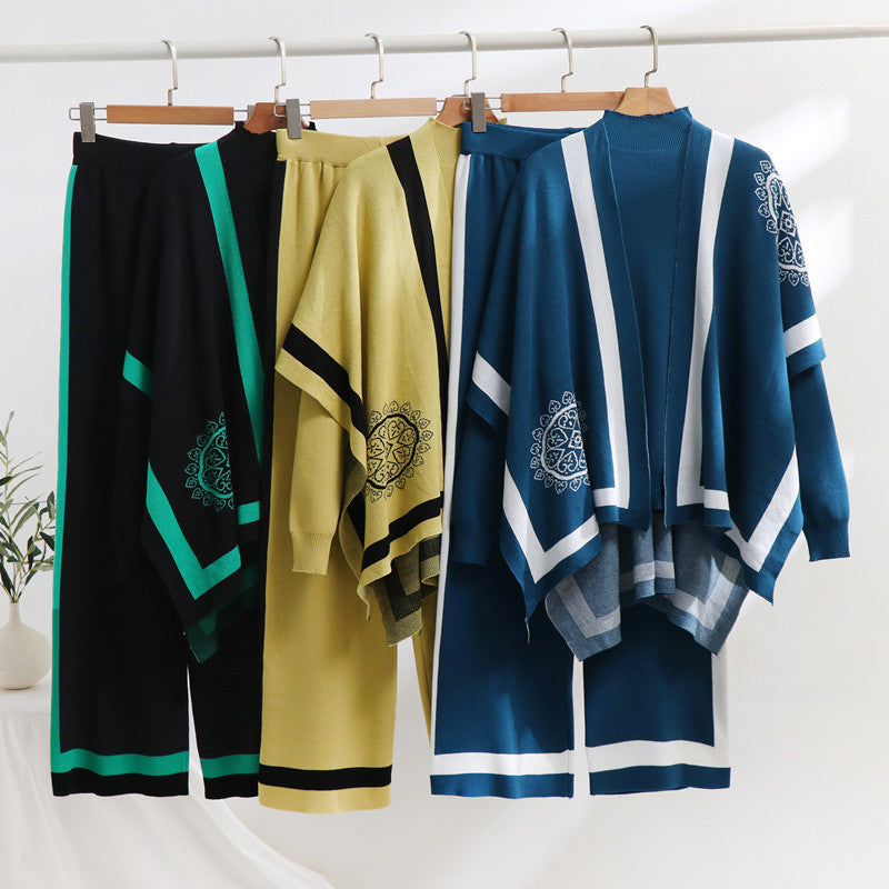 Damen elegantes Strick-Loungewear-Set mit grafischem Muster und weiten Ärmeln EB