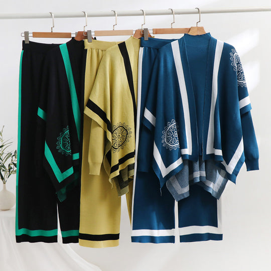 Damen elegantes Strick-Loungewear-Set mit grafischem Muster und weiten Ärmeln EB