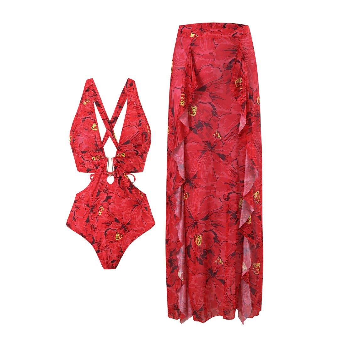 Damen Badeanzug mit floralen Akzenten und passendem Wickelrock EB