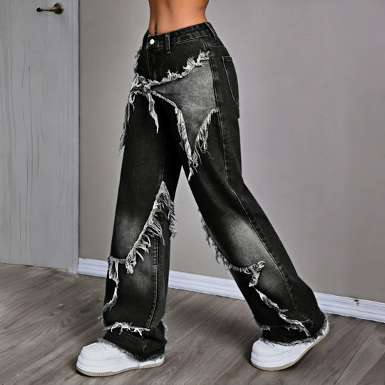 Damen Weite Jeans im modernen Destroyed-Look mit fransigen Details EB