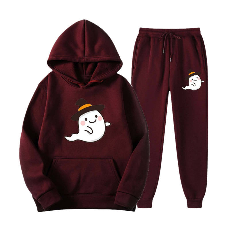 Unisex nan kuscheliger Kapuzenpullover und Jogginghose Set mit Halloween-Geistprint EB