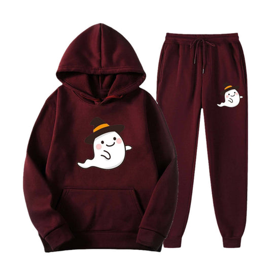Unisex nan kuscheliger Kapuzenpullover und Jogginghose Set mit Halloween-Geistprint EB