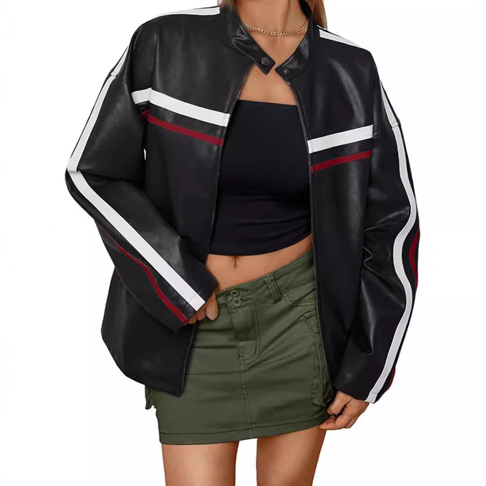 Damen Kunstlederjacke mit sportlichen Streifen EB