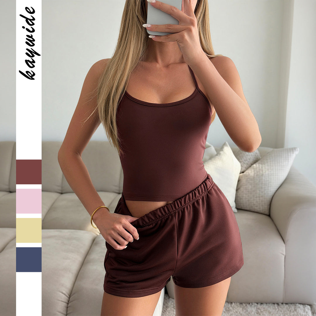 Damen Sportliches Zweiteiliges Set mit trägerlosem Oberteil und elastischen Shorts EB