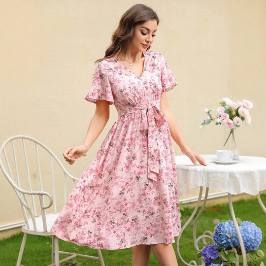 Damen Blütenmuster Wickelkleid mit Taillengürtel EB