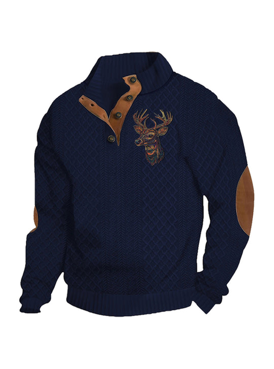 Herren nan Heritage-Strukturpullover mit Stehkragen Lederimitat-Besatz Ellenbogen-Patches und Halbknopfleiste EB