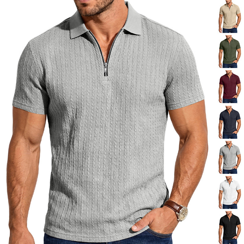 Herren Kurzarm-Strickpoloshirt mit Reißverschluss und Zopfstrickstruktur EB