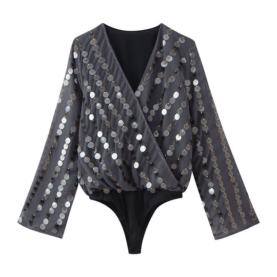Damen Glamouröses Body mit glitzernden Pailletten und Wickeldesign EB