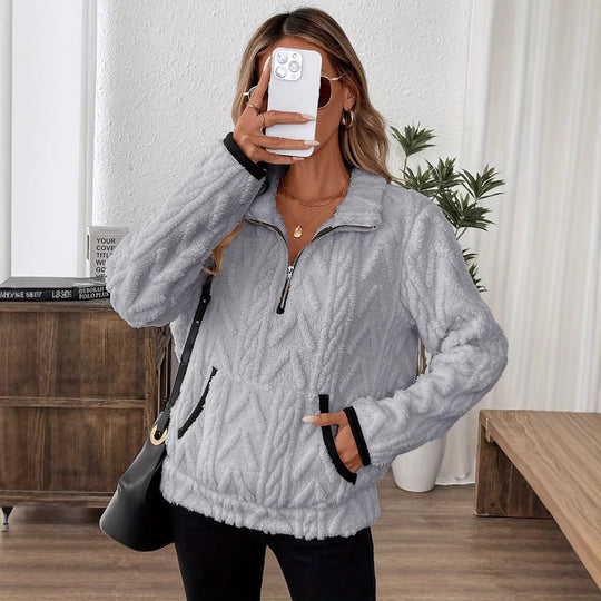 Damen Flauschiger Teddy-Pullover mit hohem Kragen und Eingrifftaschen EB