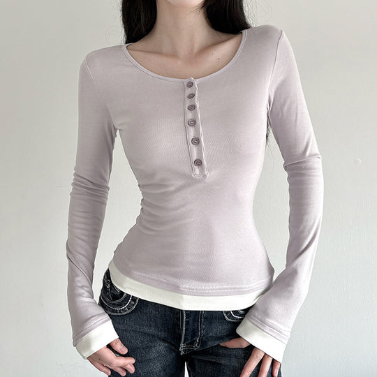 Damen nan tailliertes Henley-Crop-Longsleeve mit kontrastierenden Saum- und Ärmelbündchen EB