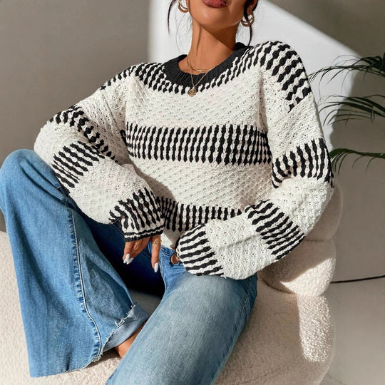 Damen Strickpullover mit strukturierter Oberfläche und modischen Streifen EB