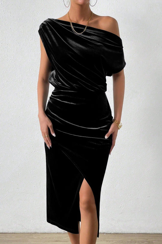 Damen Elegantes Schulterfreies Midikleid im Fließenden Design EB