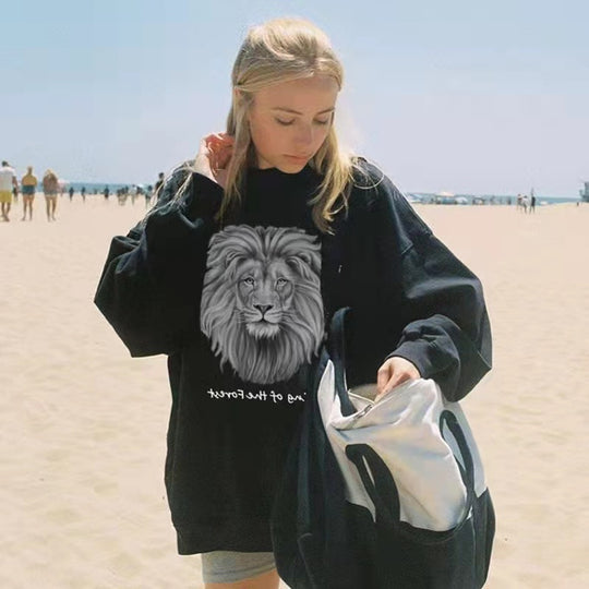 Damen nan oversized Sweatshirt mit fotorealistischem Löwenprint, Relaxed‑Fit und geripptem Rundhalsausschnitt EB