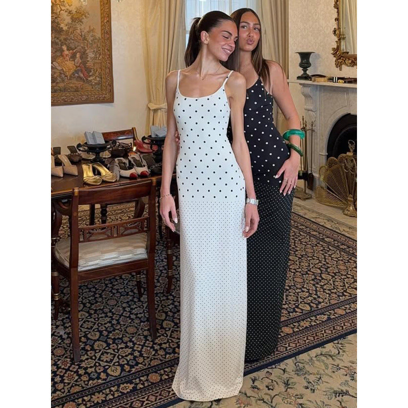 Damen Elegantes Polka-Dot Maxikleid mit verstellbaren Trägern und fließendem Schnitt EB