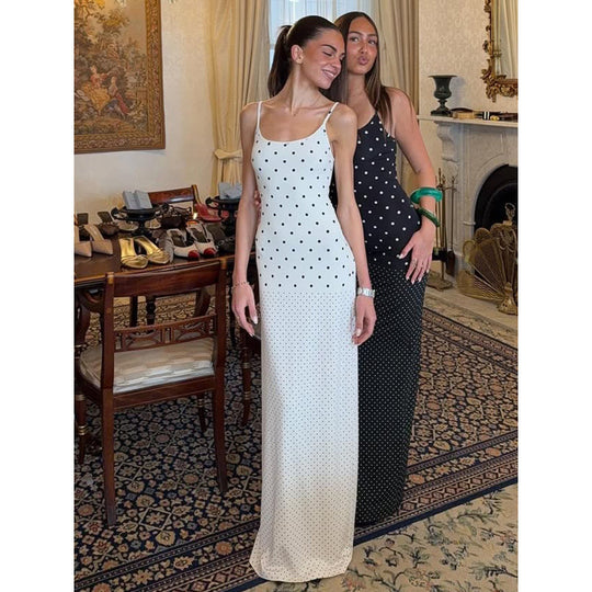 Damen Elegantes Polka-Dot Maxikleid mit verstellbaren Trägern und fließendem Schnitt EB