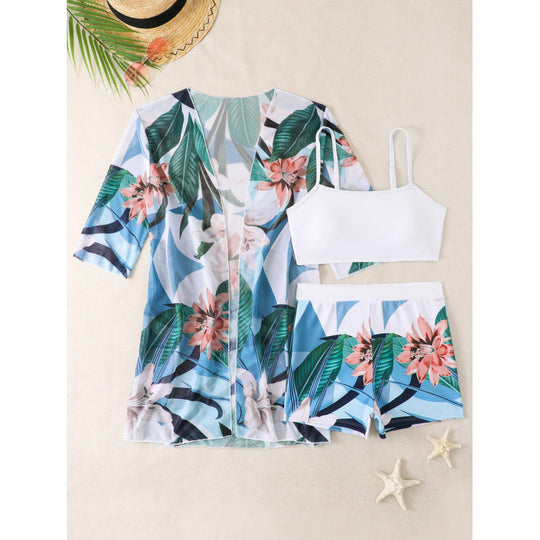 Damen Strandset mit floralem Kimono, Oberteil und Shorts EB