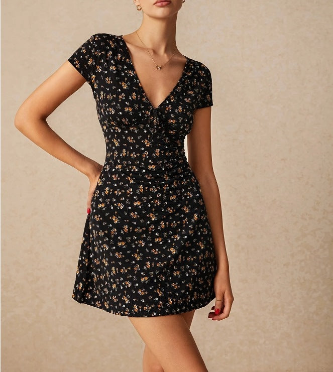 Damen Kurzarm Kleid mit blumigem Schnitt und Wickeldetails EB