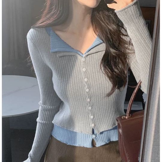 Damen Eleganter Cardigan mit Knopfleiste und Kontrastbesatz EB