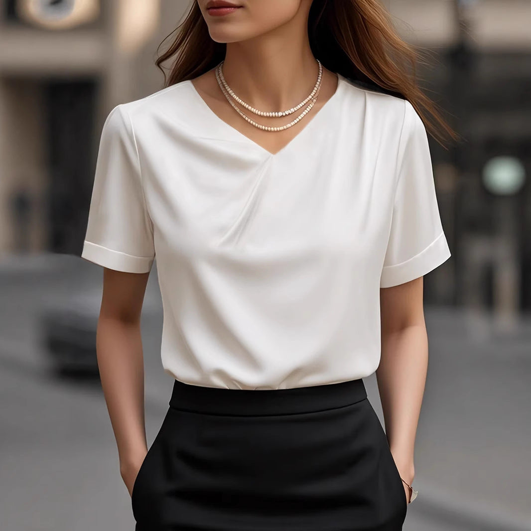 Damen Elegantes V-Ausschnitt Blusenshirt mit kurzärmeligen Design EB