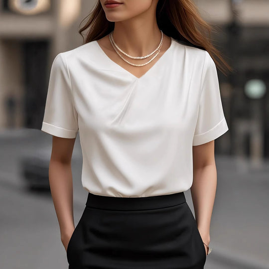 Damen Elegantes V-Ausschnitt Blusenshirt mit kurzärmeligen Design EB