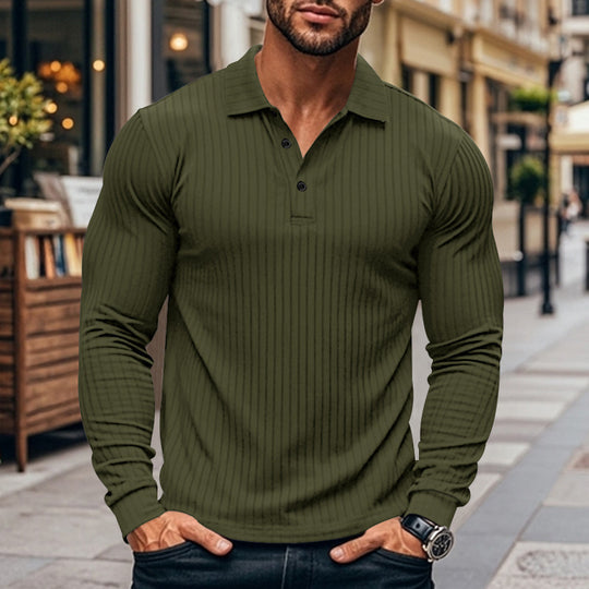 Herren nan athletisches Langarm-Poloshirt schmal geschnitten aus elastischem Rippstrick EB