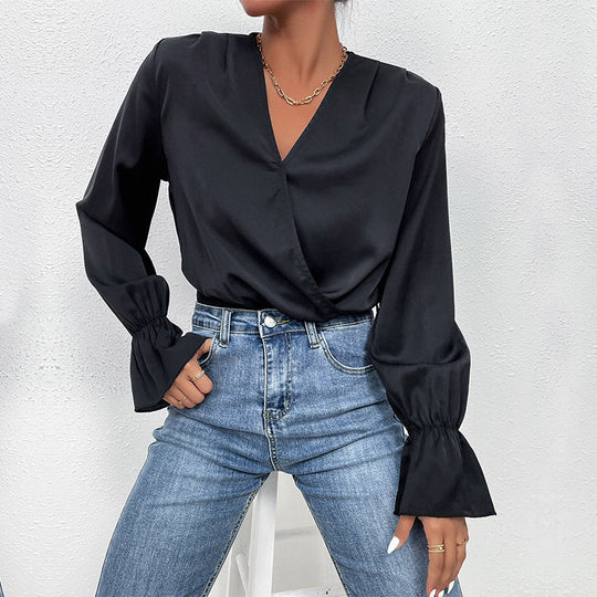 Damen Elegantes Langarmbody mit Wickeloptik und Volantärmeln EB