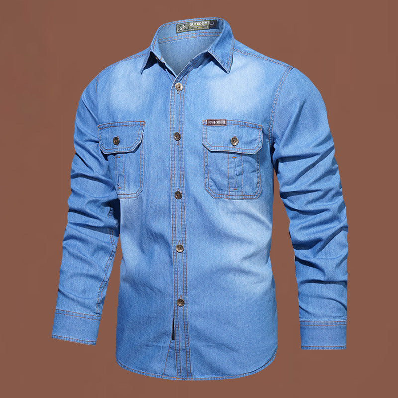 Herren nan robustes Stretch-Denim Hemd mit verstärkten Klappbrusttaschen und kontrastnähten EB