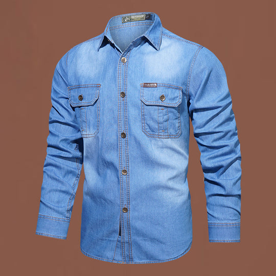 Herren nan robustes Stretch-Denim Hemd mit verstärkten Klappbrusttaschen und kontrastnähten EB