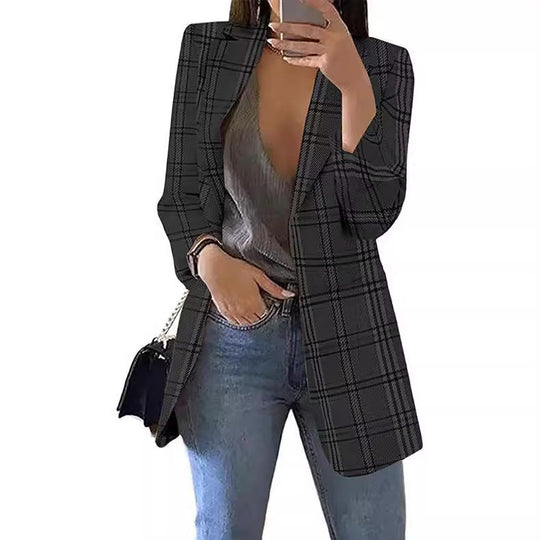 Damen nan taillierter Karoblazer Longline mit strukturierter Schulterpartie und offener Front EB